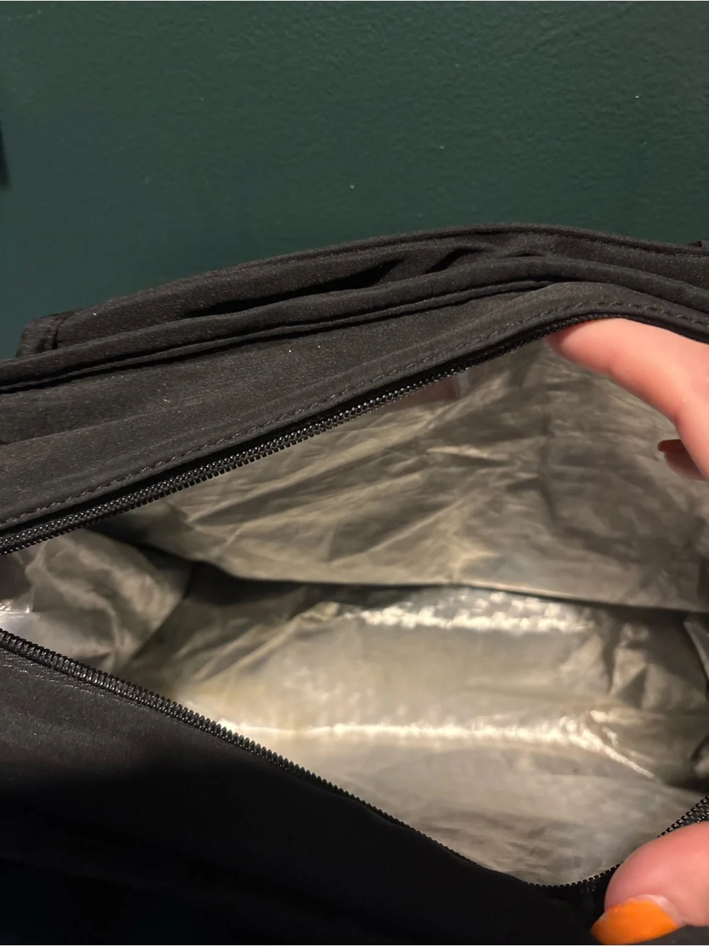 Black Quilted Insulated Lunch Bag with Brown Adjustable Strap 7 pockets
